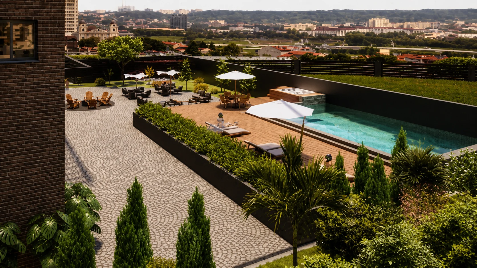 Vista panorâmica da piscina e área externa