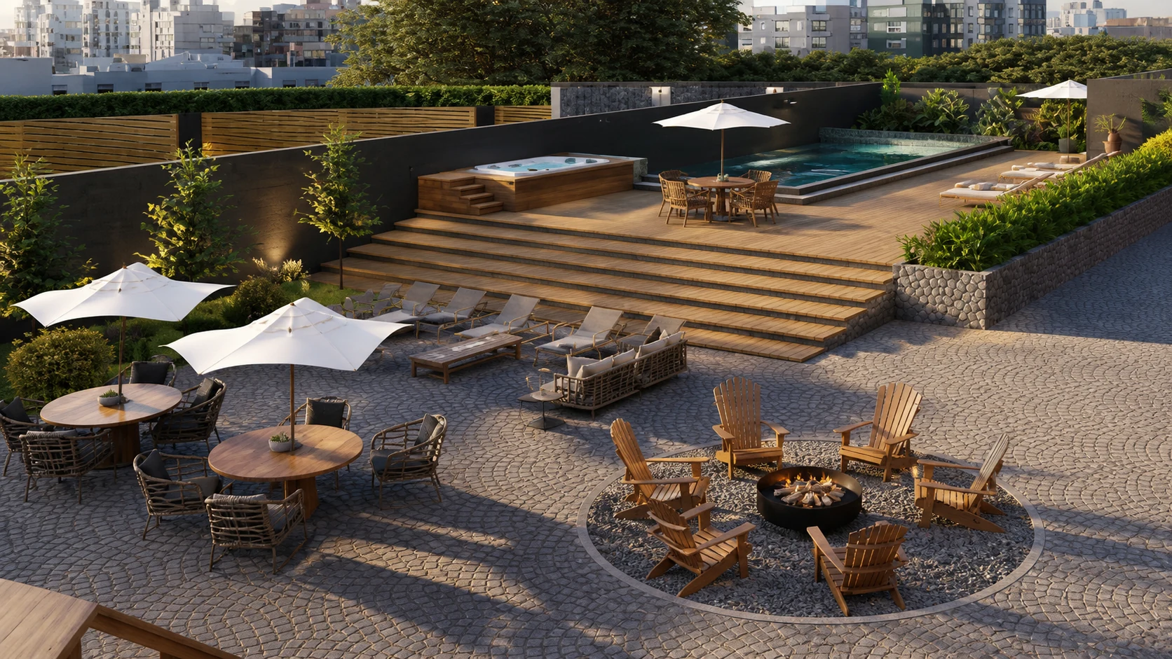 Área externa com piscina, hidro e deck